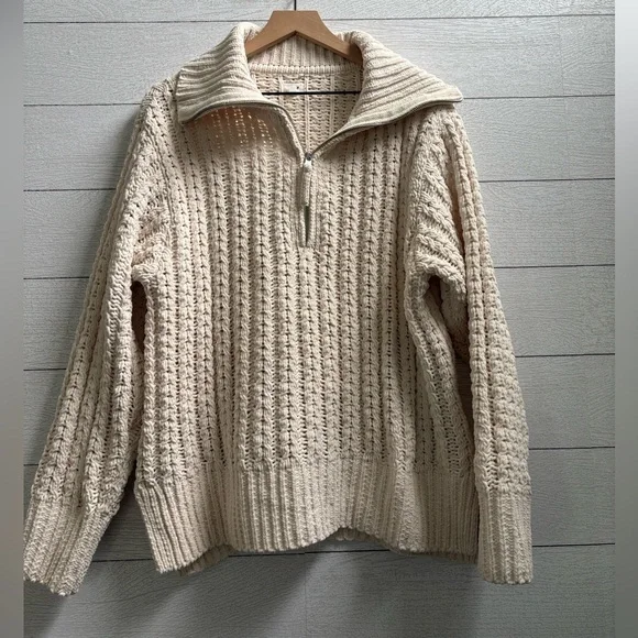 Aerie Cable Car Quarter Zip Oversized Chenille Sweater Cream Size M - Picture 7 of 14